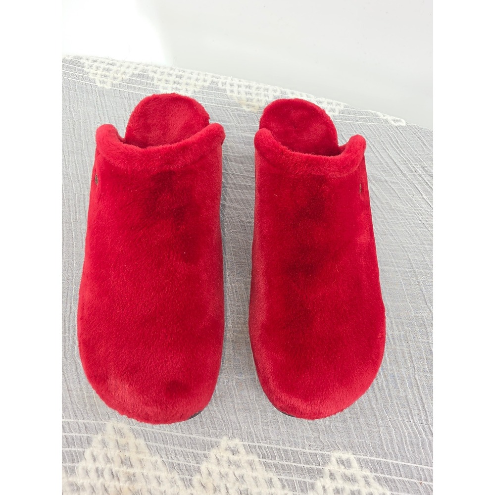 Alegria by PG Lite Red Faux Fur Plush Slip On Slippers Butterfly Sole Womens